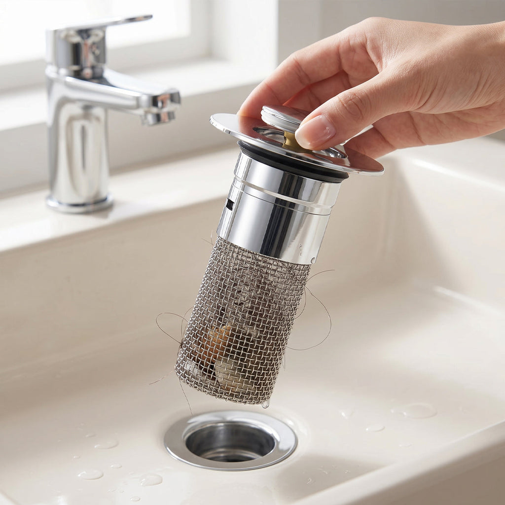 Pop-Up Drain Filter with Removable Hair Catcher Basket