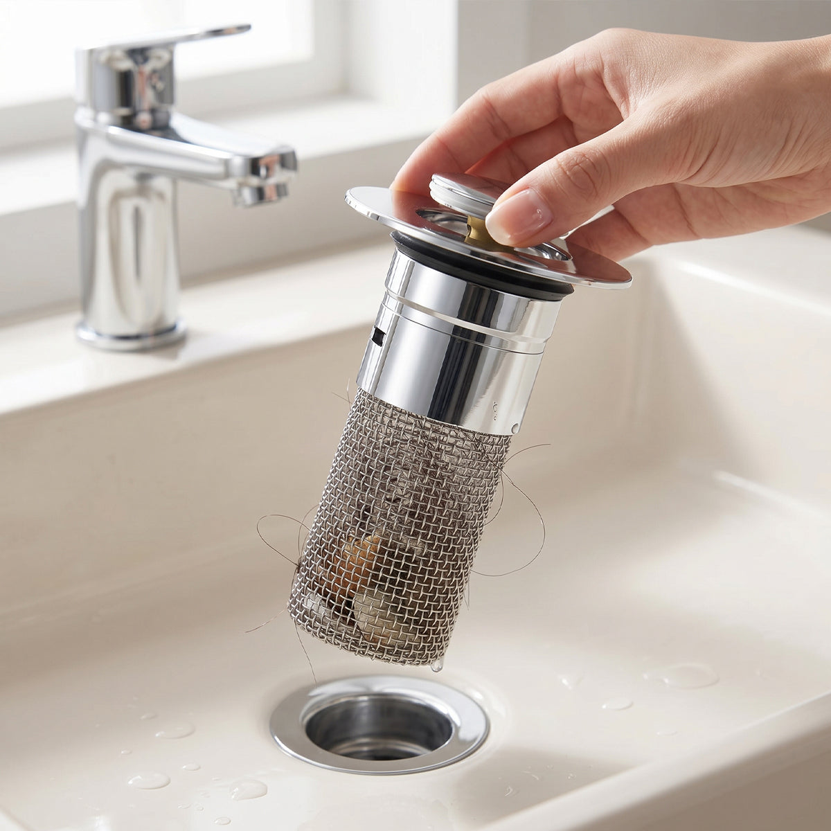 Pop-Up Drain Filter with Removable Hair Catcher Basket
