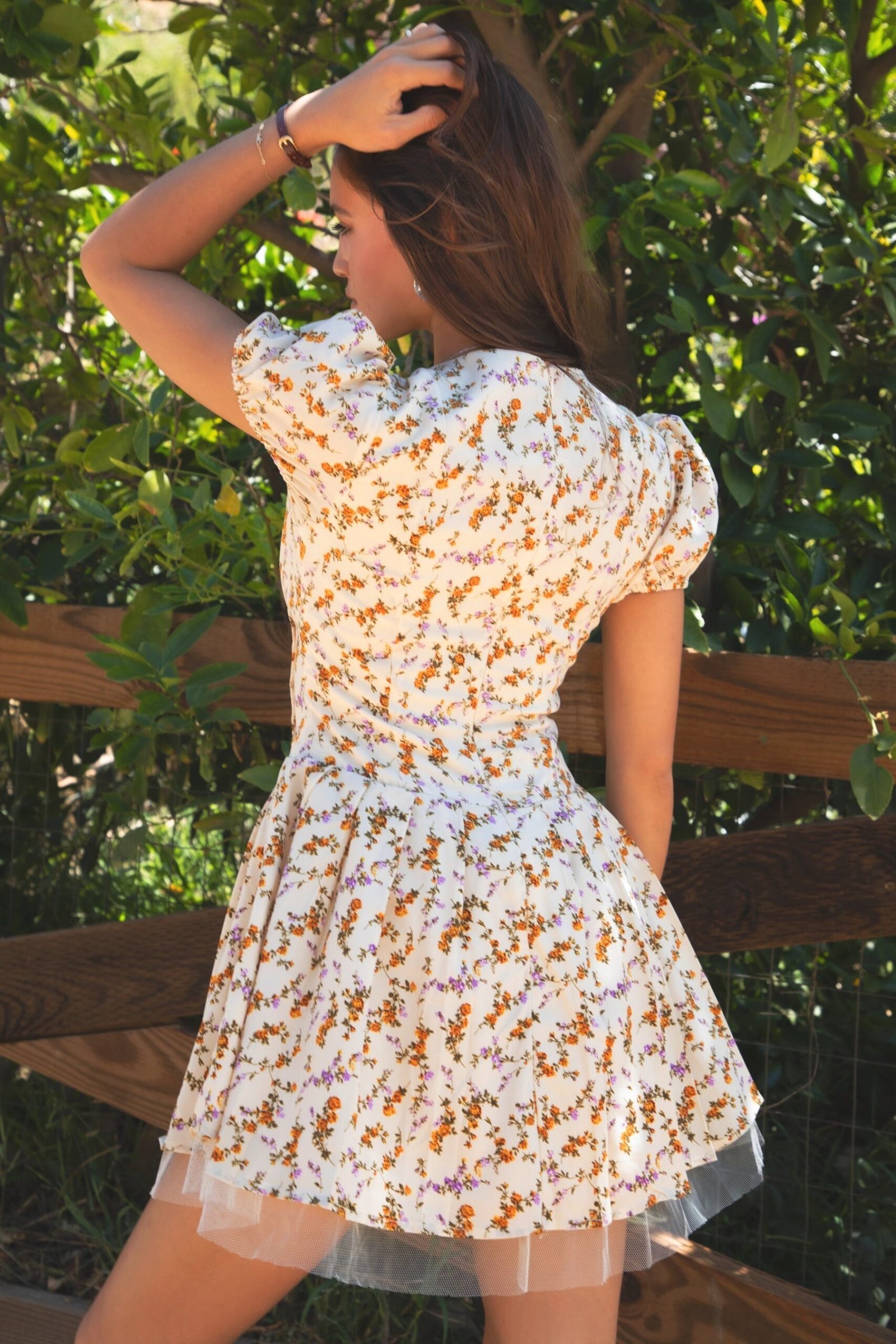 JESSICA Floral Print A Line Tulle Short-Sleeve Mini Dress - Image 3