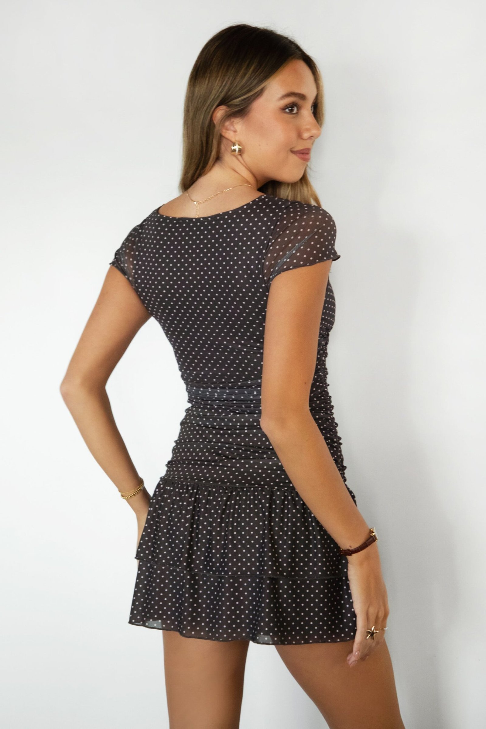 ALOURA Micro Polka Dot Deep V-Neck Mini Dress - Image 5